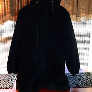 Jennifer London   Vintage Black 100% Leather  Suede Long Coat Hooded 2XL‎